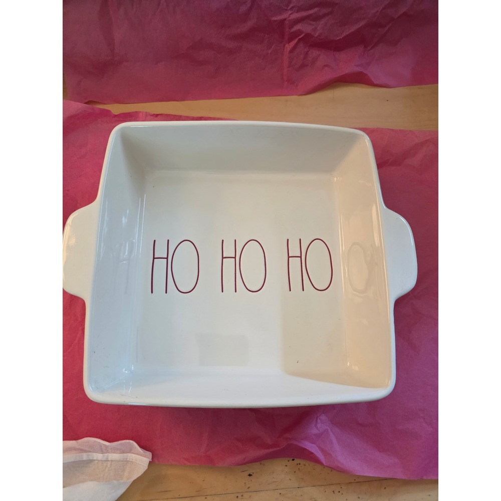 Rae Dunn HO HO HO Christmas Square Baker Dish White Ceramic Red Lettering 9"x9"